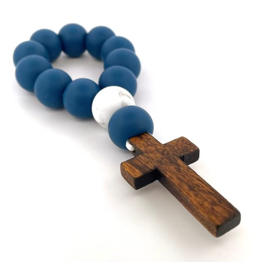 Navy/White Marble and Stained Wooden Cross Decade Rosary