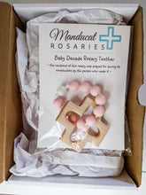 Load image into Gallery viewer, Silicone pink and pearl teething rosary ring in packaging
