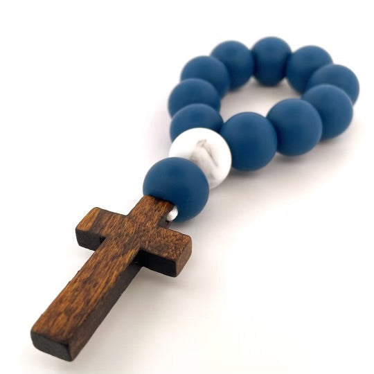 Navy/White Marble and Stained Wooden Cross Decade Rosary