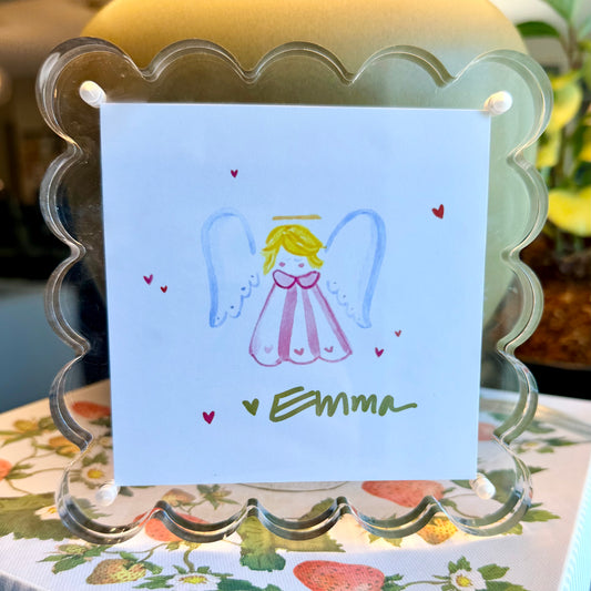 Personalized Angel in Scalloped Frame (Girl, Blonde, Pink Dress)