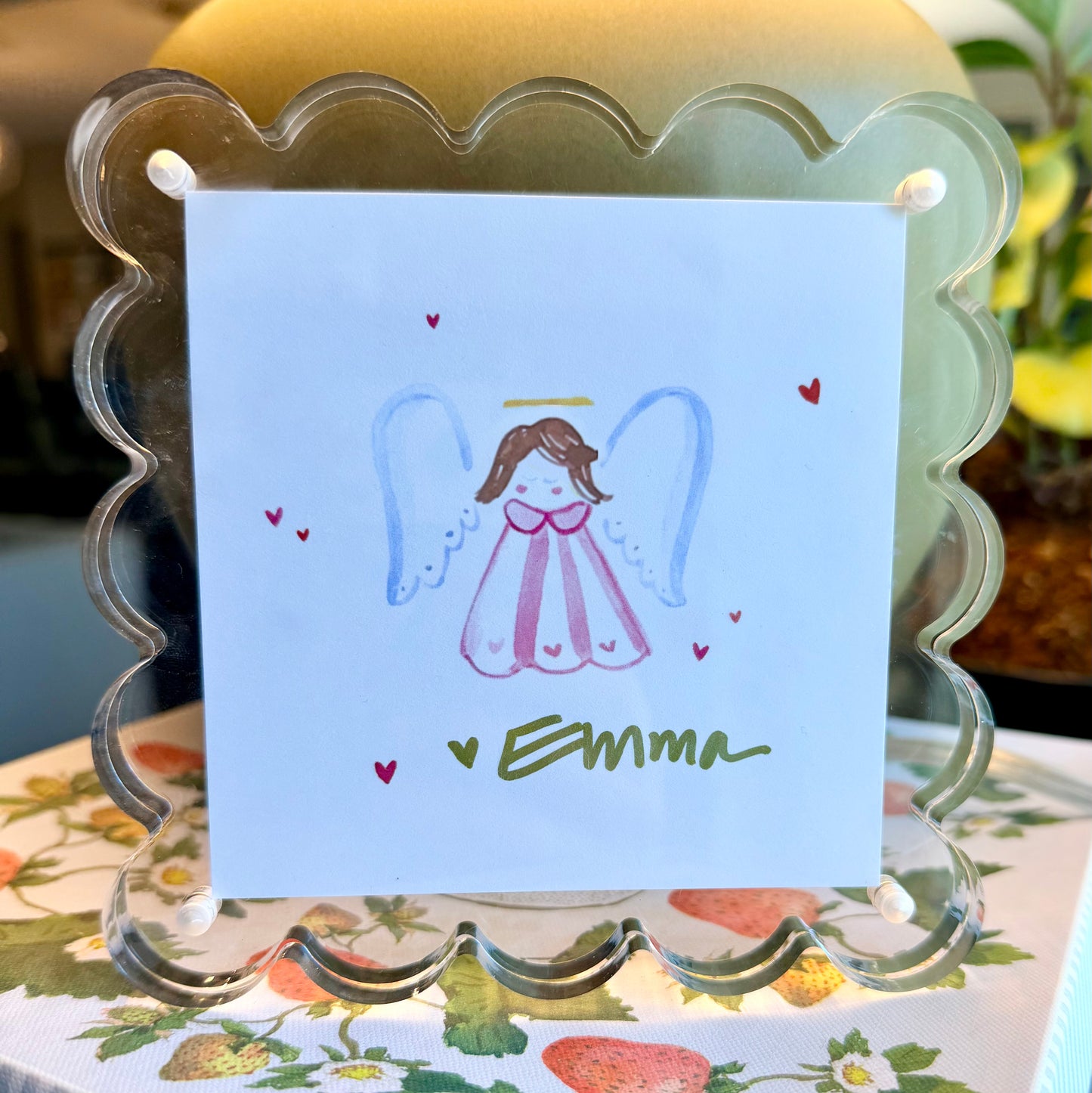 Personalized Angel in Scalloped Frame (Girl, Brunette, Pink Dress)