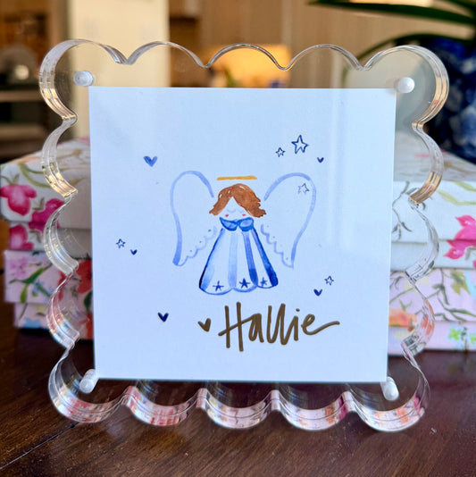Personalized Angel in Scalloped Frame (Girl, Brunette, Blue Dress)