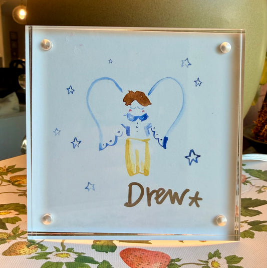 Personalized Angel in Scalloped Frame (Boy, Brunette)