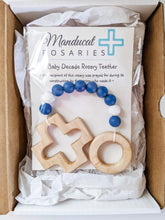 Load image into Gallery viewer, Blue and white marble teething rosary in packaging
