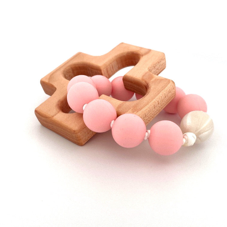 Rosary Teething Ring - Pink and Pearl