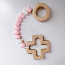 Load image into Gallery viewer, Pink and pearl teething rosary on white background
