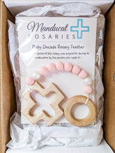 Load image into Gallery viewer, Pink and pearl baby rosary in packaging
