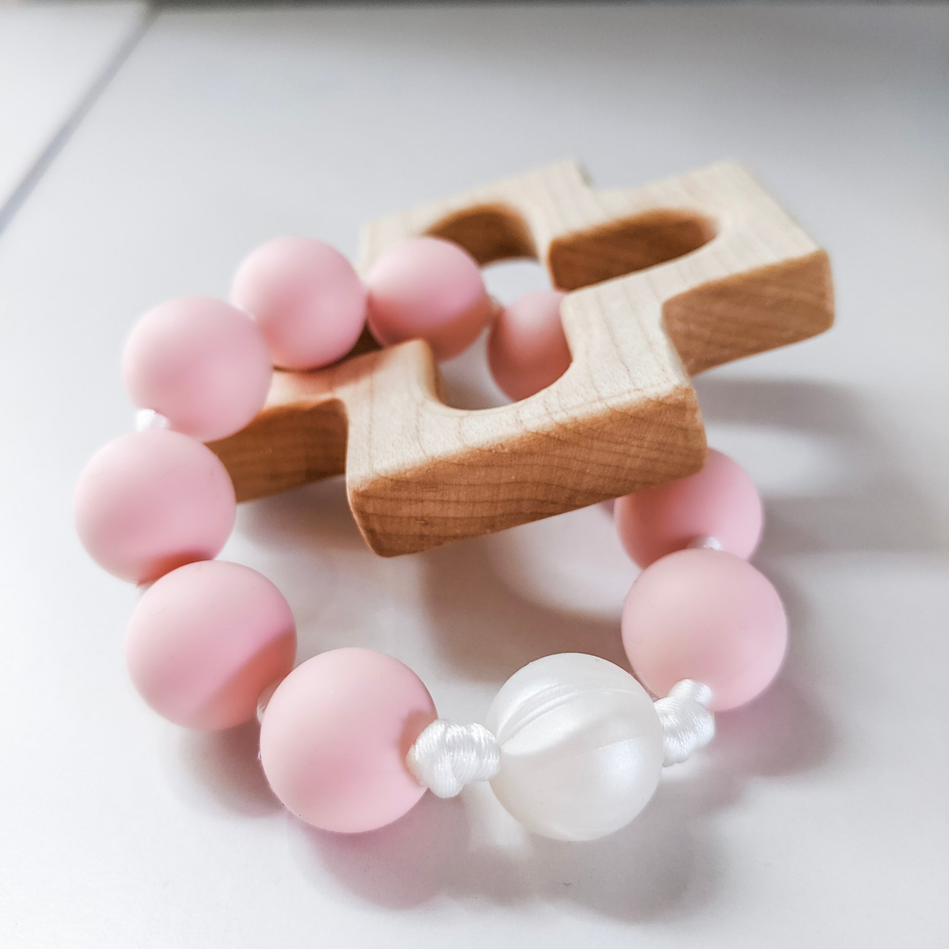 Soft pink and pearl silicone rosary ring