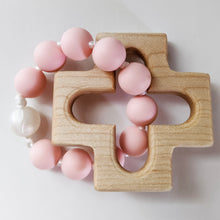 Load image into Gallery viewer, Pink and Pearl silicone bead ring through wooden cross teether
