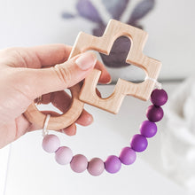 Load image into Gallery viewer, Catholic teething rosary strand in purple ombre with wooden cross and ring teethers
